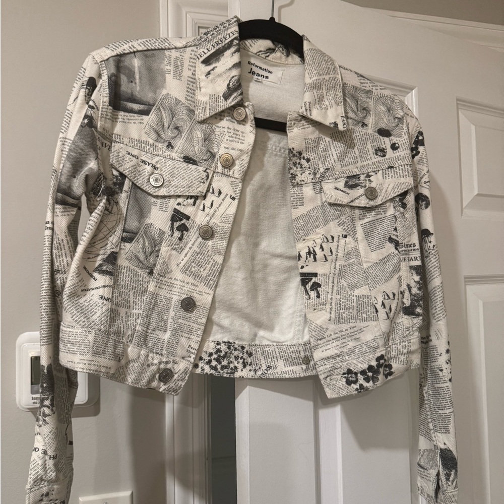 Reformation Black and White Newspaper Print Jean Jacket